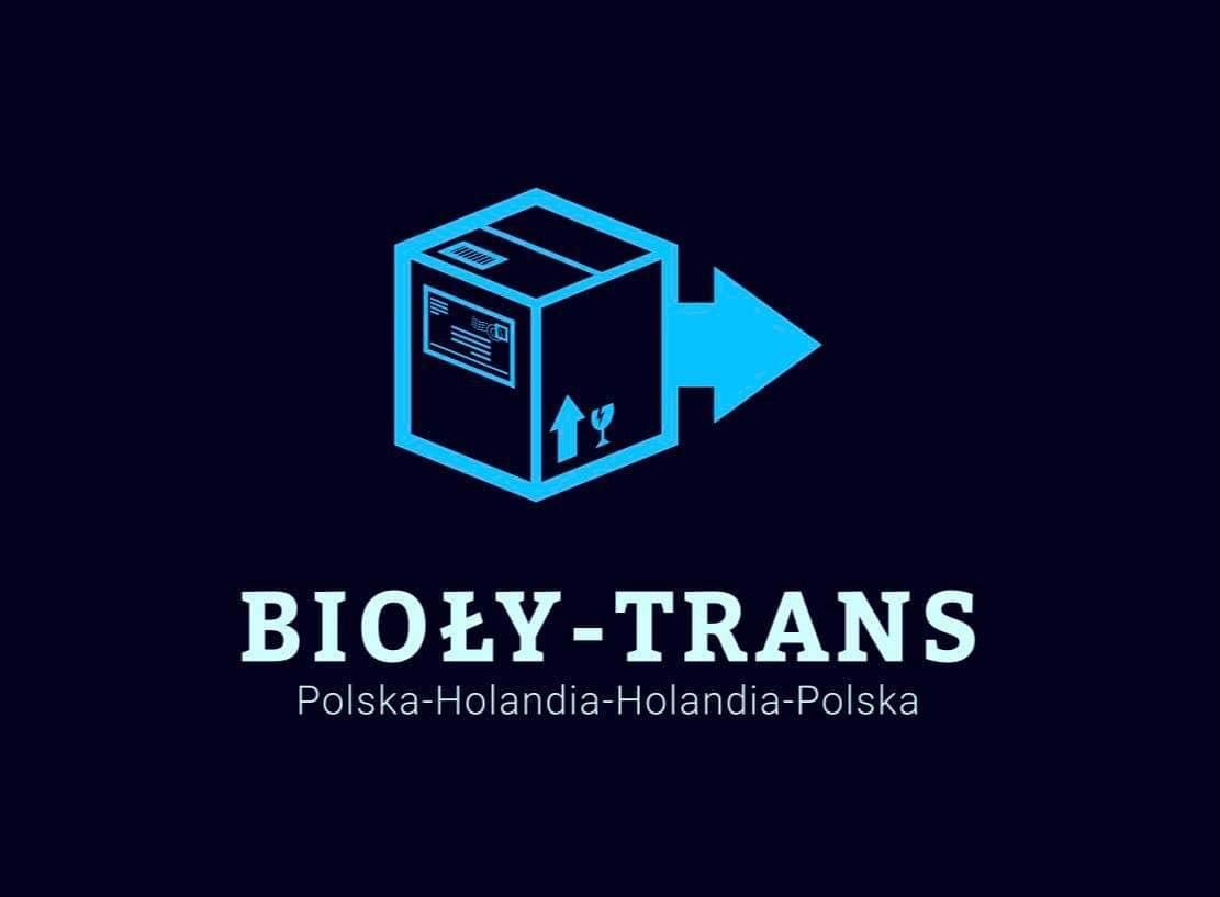 Niebieskie logo firmy transportowej: kontur pudełka z etykietą i strzałką w prawo, nazwa firmy 'BIOŁY-TRANS' oraz informacja o trasach Polska-Holandia-Holandia-Polska na ciemnoniebieskim tle.