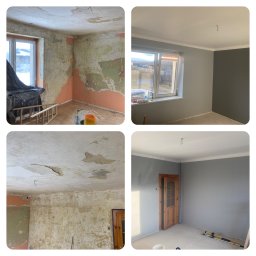 ELB-BUD - Kolaż przedstawiający cztery ujęcia tego samego pokoju przed i po malowaniu ścian na szaro, widoczne ślady starej farby i uszkodzenia tynku przed remontem oraz gładkie, pomalowane ściany po remoncie.