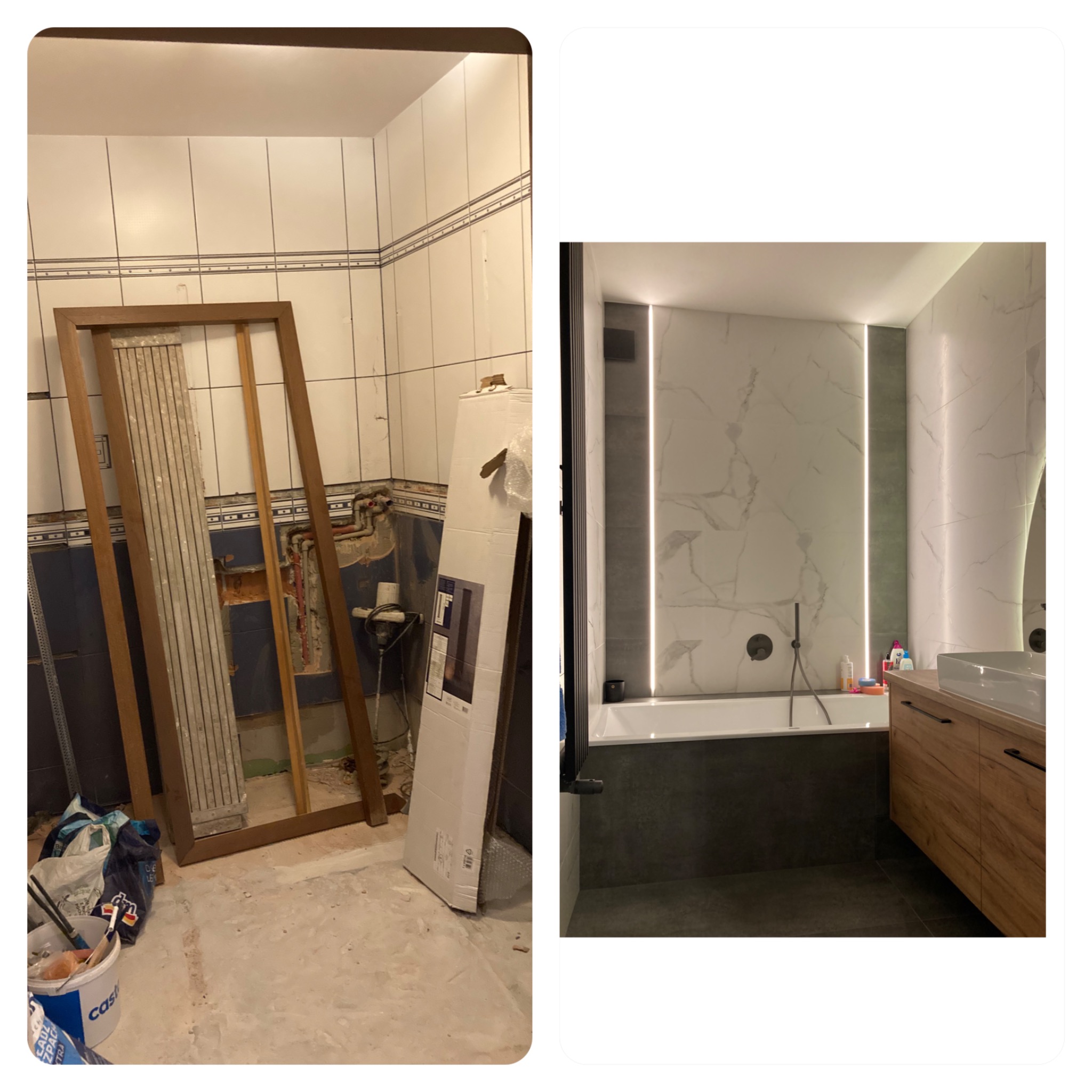Porównanie stanu łazienki przed i po: surowe, rozkopane wnętrze z odsłoniętymi rurami kontra nowoczesna, wykończona łazienka z marmurowymi płytkami, podświetleniem LED i drewnianą szafką pod umywalką.