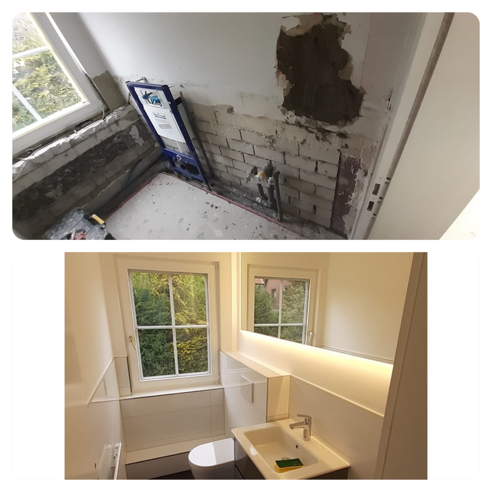 Dwuetapowe ujęcie remontowanej łazienki: górna część ukazuje stan surowy z odsłoniętą cegłą, instalacją hydrauliczną i stelażem podtynkowym WC, a dolna prezentuje wykończoną, jasną łazienkę...