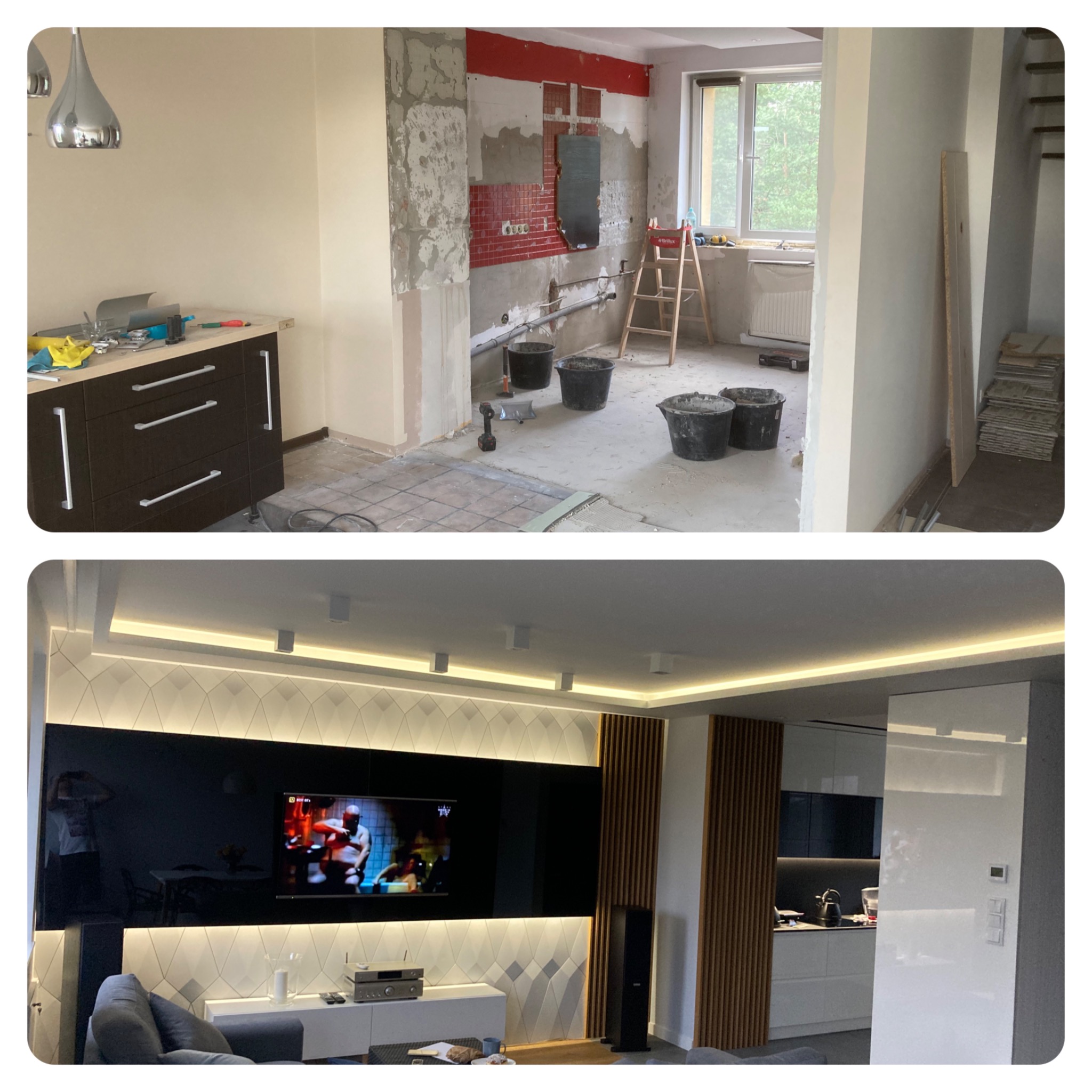 Porównanie stanu przed i po remoncie: górna część zdjęcia ukazuje proces kładzenia płytek ściennych w łazience z widocznymi wiadrami, drabiną i narzędziami, natomiast dolna część prezentuje...