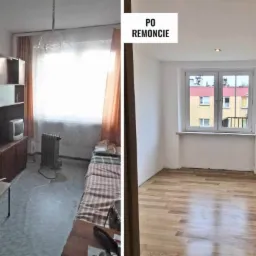Porównanie pokoju przed i po remoncie: od ciemnych mebli i starego wystroju do jasnych ścian, nowej podłogi i minimalistycznego stylu.