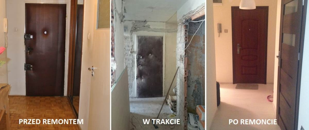 Kolaż przedstawiający wymianę drzwi wejściowych: stan przed remontem z brązowymi drzwiami i parkietem, w trakcie remontu z odsłoniętą cegłą i przewodami, oraz po remoncie z nowymi, ciemnymi...