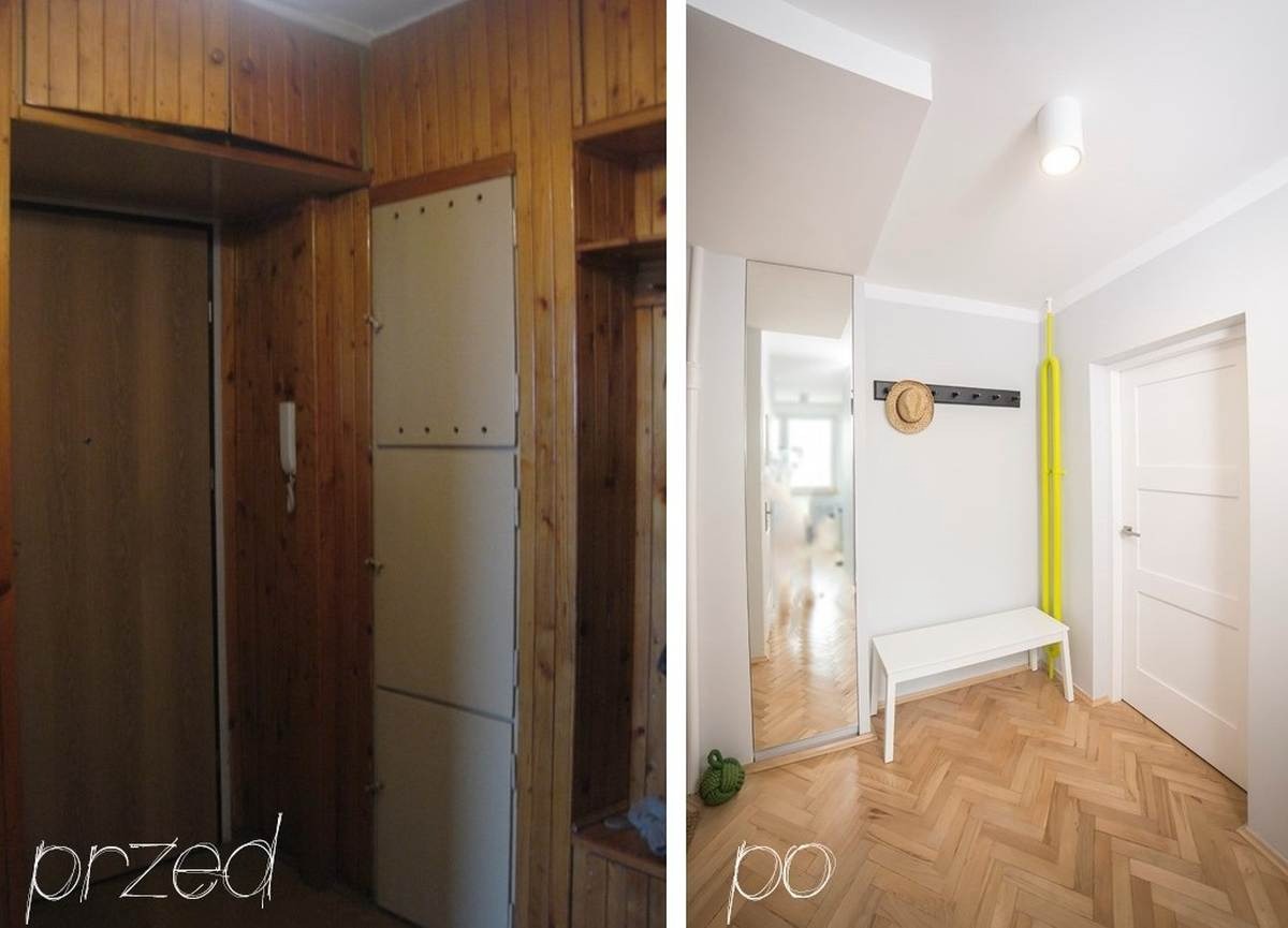 Przedpokój przed i po remoncie: od boazerii i ciemnego drewna do jasnych ścian, białych mebli i parkietu w jodełkę.