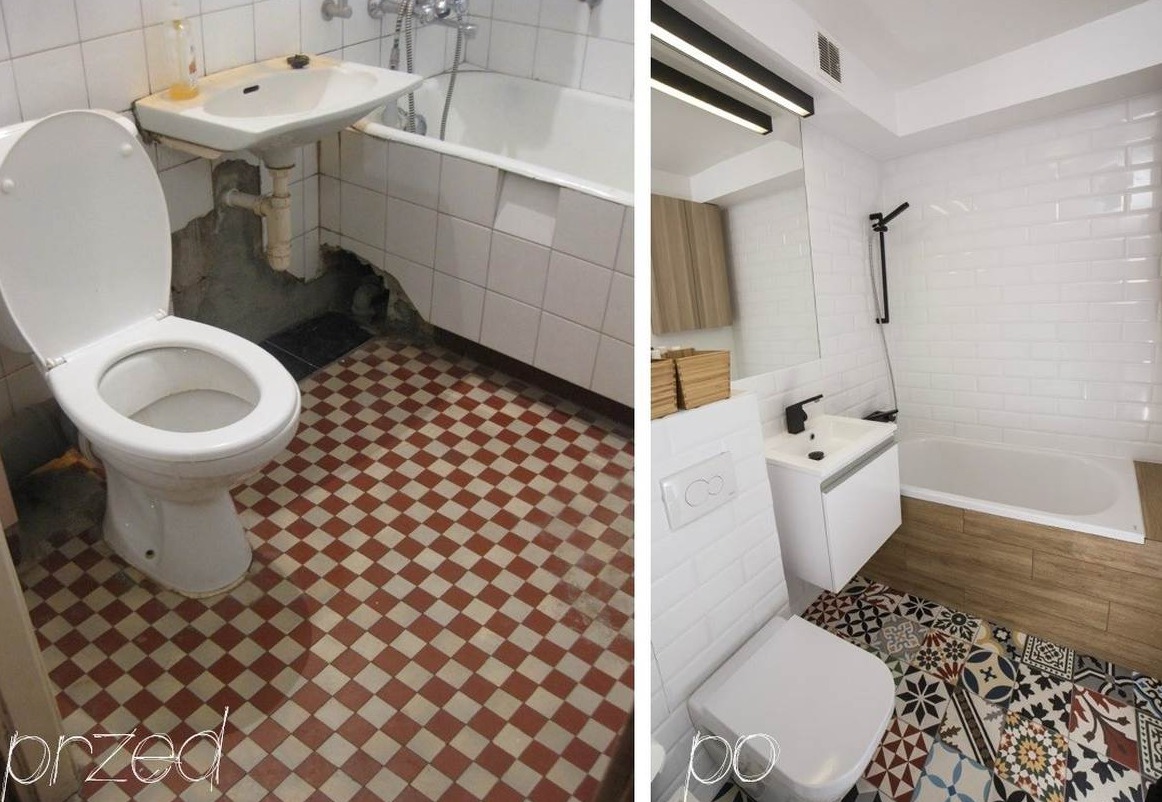 Porównanie remontu łazienki: stan przed zniszczeniami i po odnowieniu z nową armaturą, płytkami i oświetleniem.