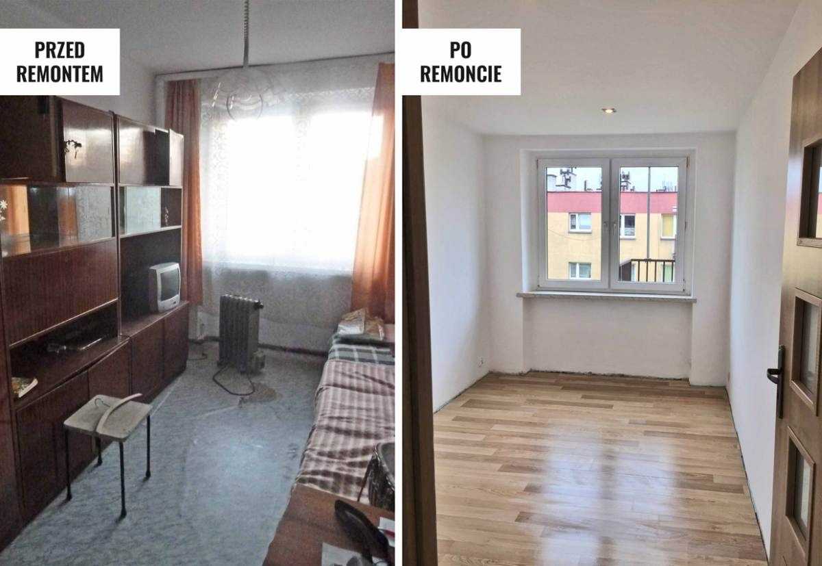 Porównanie pokoju przed i po remoncie: od ciemnych mebli i starego wystroju do jasnych ścian, nowej podłogi i minimalistycznego stylu.