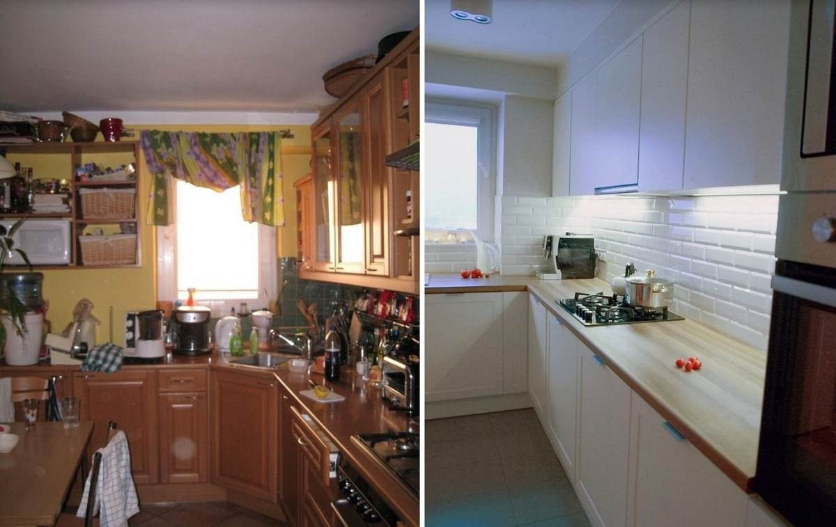 Porównanie kuchni przed i po remoncie: od zagraconej, żółtej kuchni z ciemnymi meblami do jasnej, minimalistycznej z białymi szafkami i metrem w stylu retro.