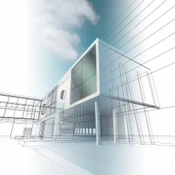 Wizualizacja 3D nowoczesnego budynku z elementami szkieletowymi na tle błękitnego nieba z chmurami.