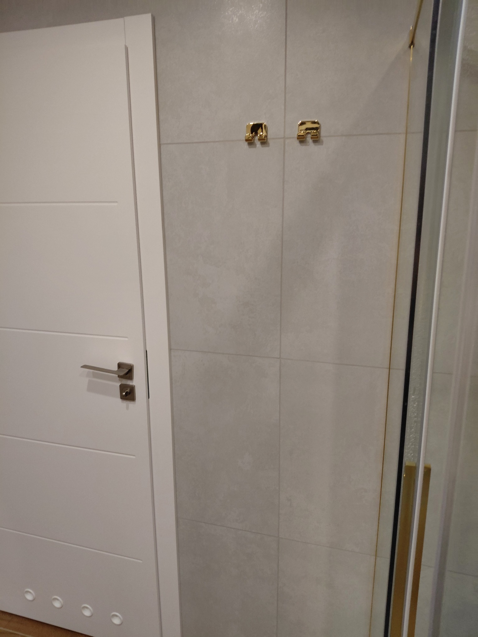 Białe drzwi z poziomymi frezami i chromowaną klamką, szara ściana z płytkami, złote haczyki i kabina prysznicowa z elementami w kolorze złota. Minimalistyczny design.