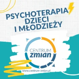 Grafika reklamowa: Psychoterapia dzieci i młodzieży, logo Centrum Zmian w formie okręgu ze strzałkami, adres strony internetowej, żółte akcenty graficzne w postaci błyskawicy i zygzaka na tle...