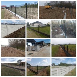 Artblok - Zestawienie zdjęć z montażu różnego typu ogrodzeń: panelowe z podmurówką, betonowe prefabrykowane, siatkowe na słupkach. Różne etapy prac i style ogrodzeń.