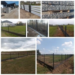 Artblok - Zestawienie zdjęć różnych typów ogrodzeń: betonowe, panelowe, z siatki. Widoczne etapy montażu i gotowe realizacje na tle krajobrazu.