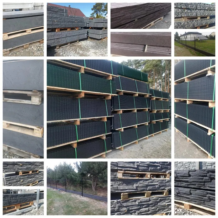 Sztaple betonowych elementów ogrodzeniowych i siatki ogrodzeniowej na paletach, gotowe do montażu. Widoczne różne wzory i kolory elementów betonowych.
