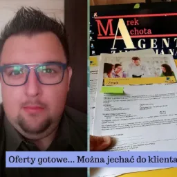 Portret mężczyzny w okularach obok monitora z napisem 'Marek Chota Agent Ubezpieczeniowy' i dokumentów Aviva dotyczących ubezpieczenia na życie, z hasłem 'Oferty gotowe... Można jechać do klienta.'