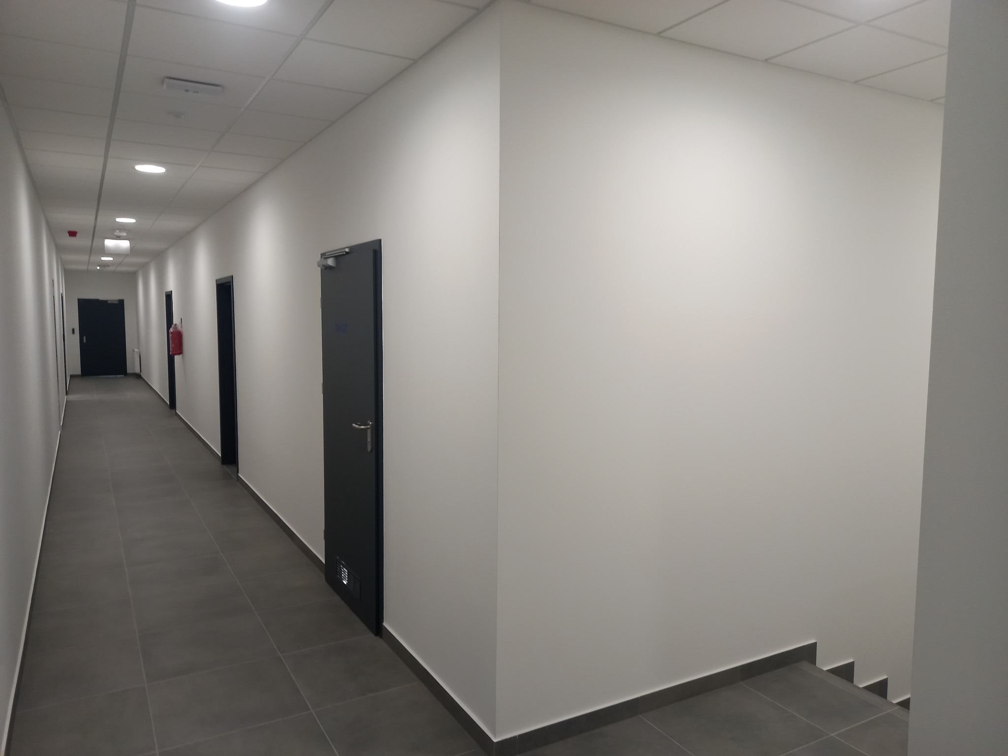 Długi, pusty korytarz biurowy z szarą podłogą z płytek, białymi ścianami i szeregiem ciemnych drzwi. Widoczny fragment schodów.