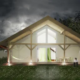 Ilustracja domu szkieletowego z dużym oknem frontowym, widok na taras z hamakiem i siedzącą osobą, nocne niebo w tle. Oświetlenie punktowe podkreśla detale.