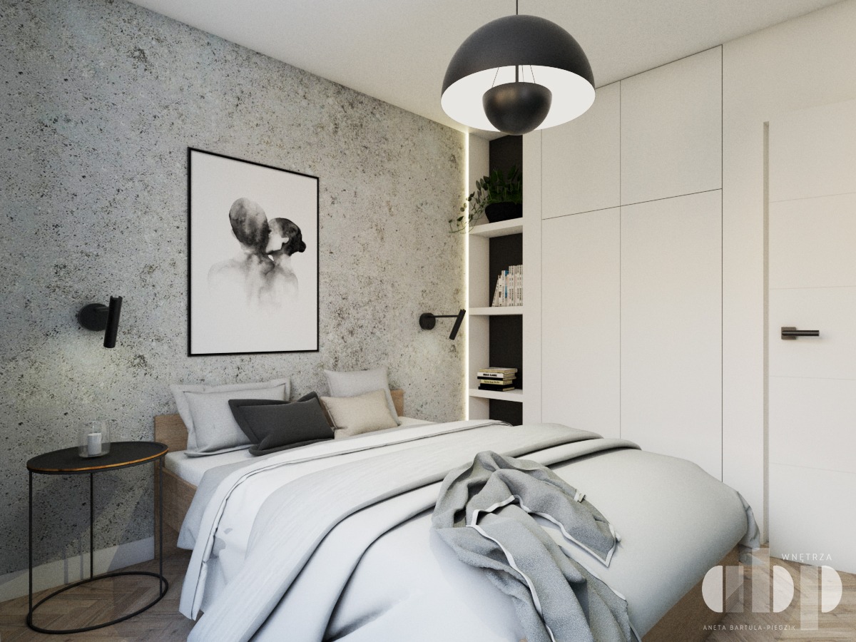 Kraków: Nowoczesna sypialnia z betonową ścianą, minimalistycznym oświetleniem i grafiką nad łóżkiem. Widoczna szafka nocna z owalnym blatem i szara narzuta na białej pościeli.
