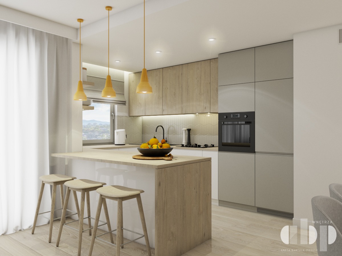 Wizualizacja nowoczesnej kuchni z wyspą, drewnianymi i szarymi szafkami, trzema wiszącymi lampami z żółtymi abażurami nad blatem, oraz owocami w czarnej misie.