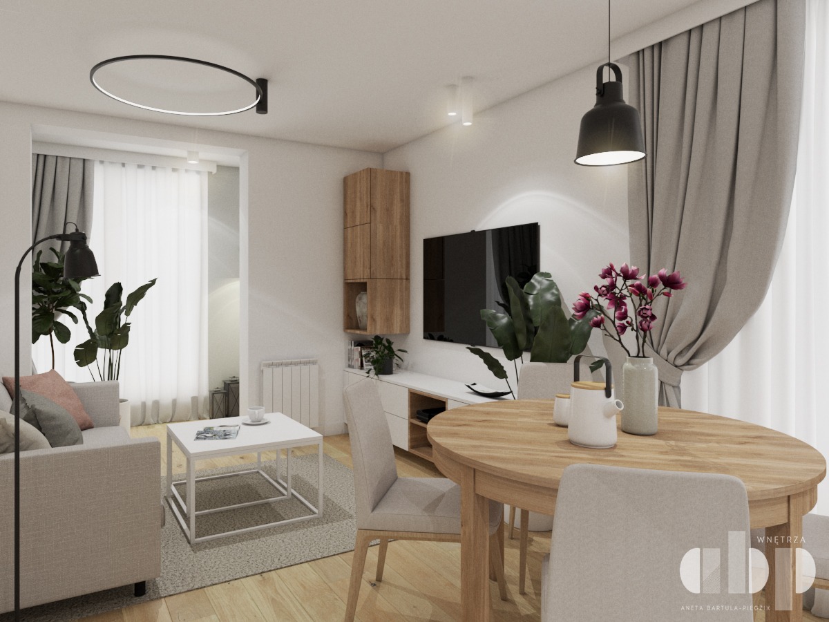 Jasne wnętrze mieszkania z drewnianym stołem, szarymi krzesłami, sofą i telewizorem, oświetlone nowoczesnymi lampami.