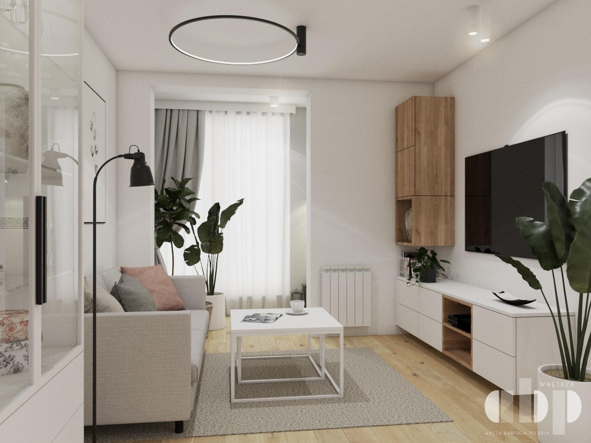 Wizualizacja salonu w neutralnych barwach z szarą sofą, białym stolikiem kawowym i drewnianą szafką RTV, oświetlonego okrągłą lampą sufitową i lampą podłogową.