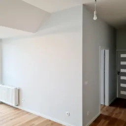 Jasne, pomalowane na szaro wnętrze mieszkania z drewnianą podłogą, białym grzejnikiem pod oknem i widokiem na zieleń za oknem, z surową żarówką zwisającą z sufitu i widocznym wejściem do innego...