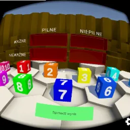 Interaktywna gra VR z kolorowymi kostkami oznaczonymi cyframi, umieszczonymi na heksagonalnej platformie, z podziałem na kategorie 'Ważne', 'Nieważne', 'Pilne', 'Niepilne', przycisk 'Sprawdź wynik'...