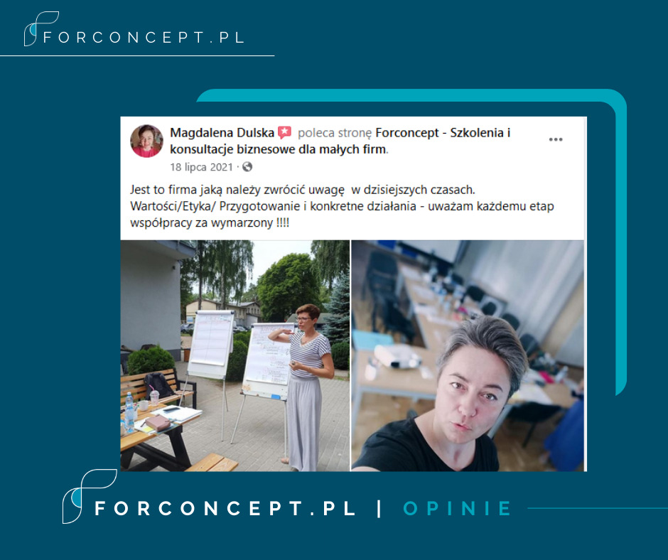 Zrzut ekranu z rekomendacją firmy Forconcept - Szkolenia i konsultacje biznesowe dla małych firm, zawierający zdjęcie osoby prowadzącej szkolenie przy tablicy flipchart oraz selfie uczestnika...