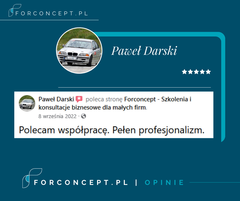 Grafika przedstawiająca rekomendację Pawła Darskiego dla strony Forconcept - Szkolenia i konsultacje biznesowe dla małych firm, z oceną pięciogwiazdkową i zdjęciem profilowym. Tekst: 'Polecam...
