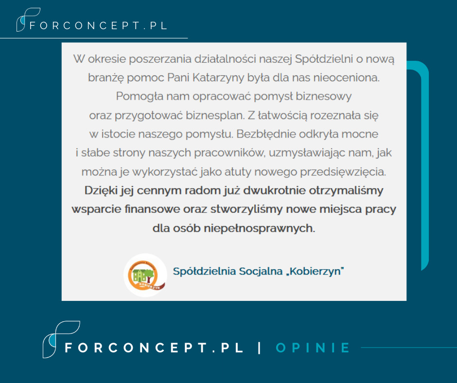 Grafika z tekstem opinii Spółdzielni Socjalnej 'Kobierzyn' o pomocy w opracowaniu pomysłu biznesowego i biznesplanu, uzyskaniu wsparcia finansowego i tworzeniu miejsc pracy dla osób...