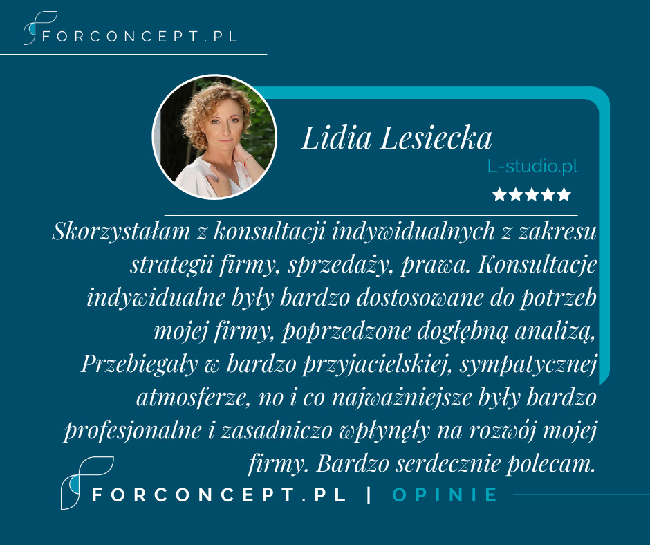 Grafika z opinią klientki Lidii Lesieckiej o konsultacjach indywidualnych z zakresu strategii firmy, sprzedaży i prawa, z oceną 5 gwiazdek oraz zdjęciem portretowym klientki w okręgu, na tle...