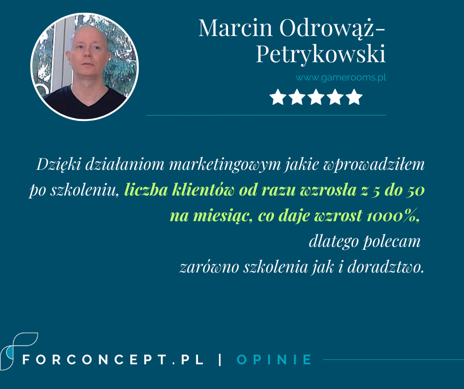 Referencja od klienta: portret mężczyzny w kółku, tekst o wzroście liczby klientów po szkoleniu, pięć gwiazdek oceny, nazwa firmy i adres strony internetowej.
