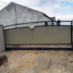 Przesuwna brama wjazdowa z metalową ramą i wypełnieniem z pionowych paneli w kolorze beżowym, zamontowana w Cychrach, widoczny fragment posesji i pies.