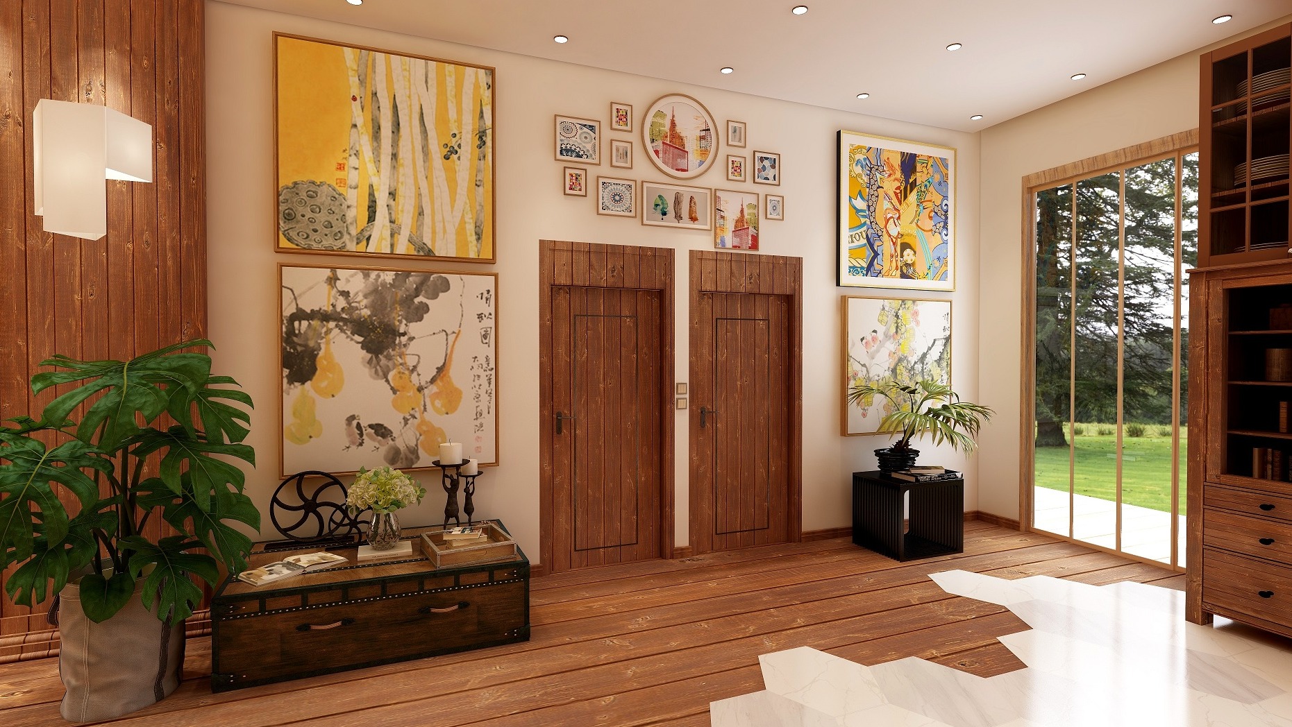 Jasne, przestronne wnętrze z drewnianą podłogą, ozdobione obrazami, roślinami w donicach i dekoracyjnymi elementami, w tym skrzynią i stolikiem, oświetlone naturalnym światłem wpadającym przez okno...