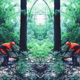 Leśny krajobraz z symetrycznym ujęciem dwóch pracowników w pomarańczowych kombinezonach tnących drzewo piłą łańcuchową u podstawy pnia.