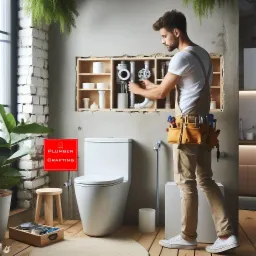 Młody mężczyzna w białej koszulce i beżowych spodniach z pasem narzędziowym, instaluje białą armaturę hydrauliczną w łazience z drewnianą podłogą i ceglaną ścianą, widoczne narzędzia i akcesoria...