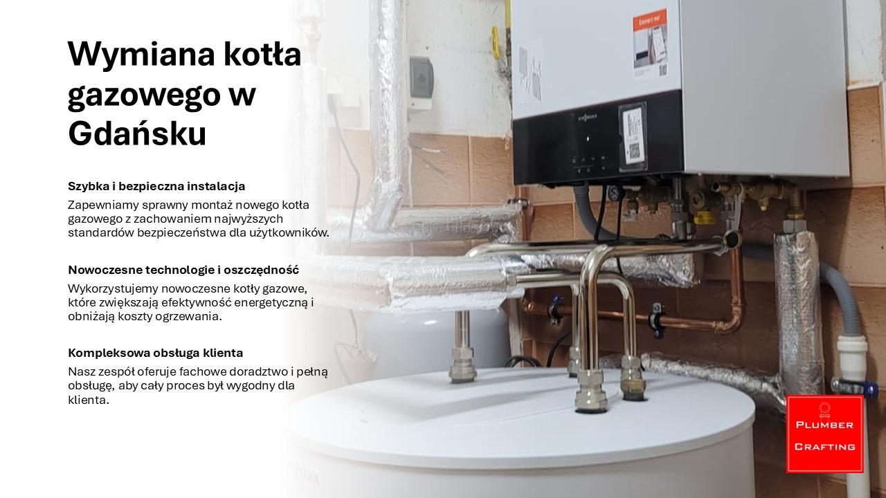 Zamontowany, nowoczesny piec gazowy Viessmann z podłączeniami, rurami w izolacji i zasobnikiem ciepłej wody. Widoczne brązowe płytki na ścianie.