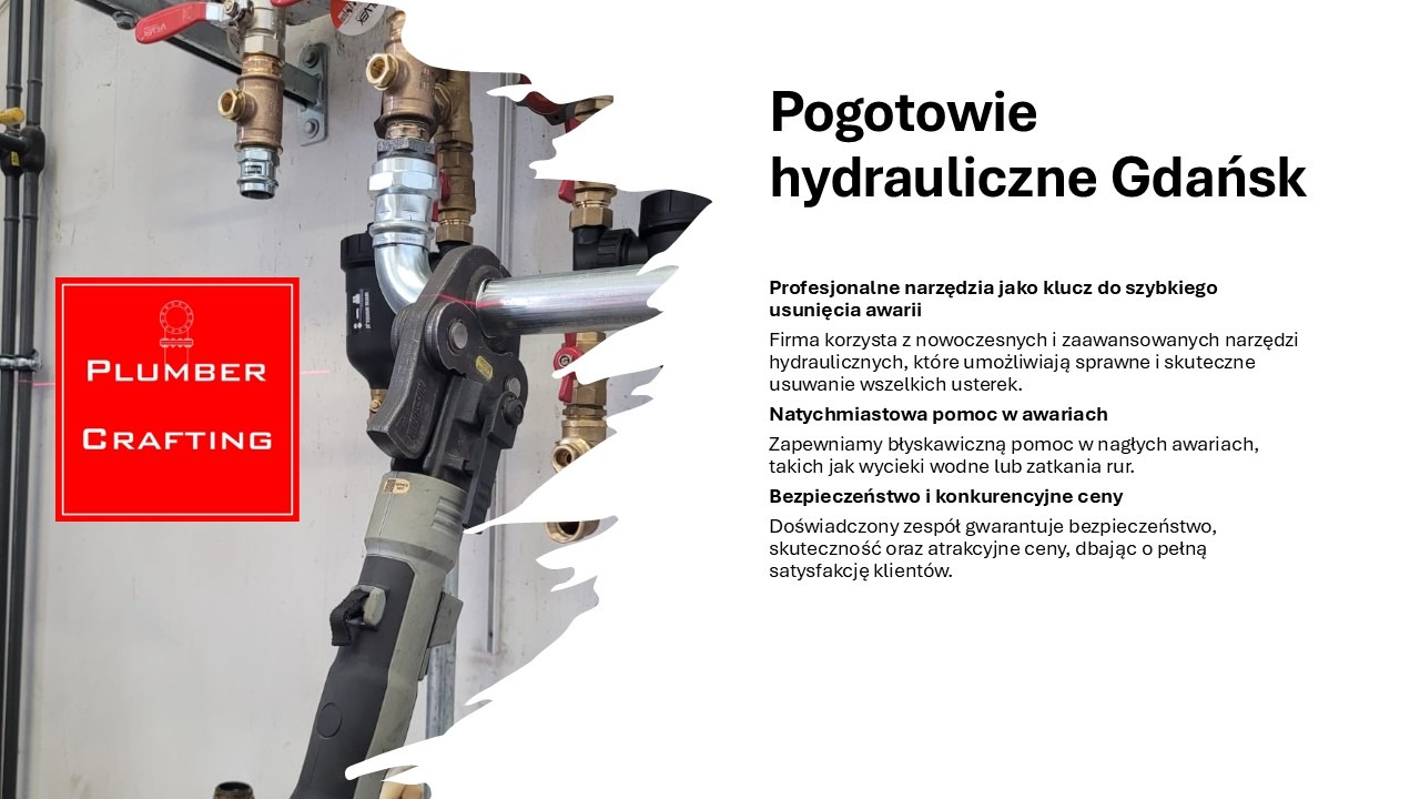 Hydrauliczne narzędzie zaciskowe na rurze, z widocznymi elementami instalacji. Reklama firmy hydraulicznej z Gdańska.