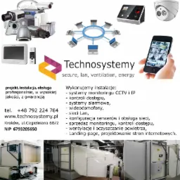 Kompozycja elementów systemów zabezpieczeń i instalacji: kamery CCTV, panel sterowania, smartfon z podglądem, logo firmy Technosystemy oraz instalacje wentylacyjne w tle.