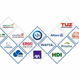 Kolaż logotypów różnych firm ubezpieczeniowych, takich jak PZU, Allianz, Generali, Warta, Ergo Hestia, UNIQA, Compensa, InterRisk, Wiener, MTU, AXA, HDI i Proama, umieszczonych w białych rombach...