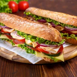 Dwa długie, przekrojone sandwicze na drewnianej desce, wypełnione serem, szynką, salami, pomidorem, ogórkiem, czerwoną cebulą i sałatą, z zieloną sałatą i pomidorami w tle.
