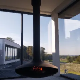 Czarny, wiszący kominek w nowoczesnym wnętrzu z dużymi oknami i widokiem na zewnątrz; płomienie widoczne w palenisku.