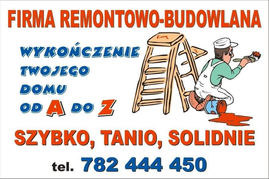 Ilustracja reklamowa firmy remontowo-budowlanej oferującej wykończenia domów, przedstawiająca drabinę malarską, malarza z pędzlem i rozlaną farbę, z hasłem 'Szybko, tanio, solidnie' i numerem...