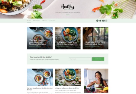 Projekt strony internetowej o zdrowym odżywianiu, z pastelową kolorystyką i zdjęciami potraw, widoczne sekcje: Home, Breakfast, Fruits, Contact.