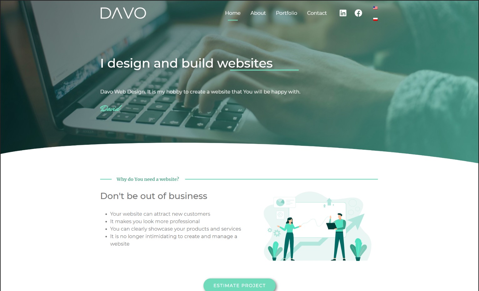 Ekran laptopa z widoczną stroną internetową firmy Davo Web Design, prezentującą usługi projektowania i tworzenia stron, z hasłem 'I design and build websites' oraz menu nawigacyjnym w górnej części.