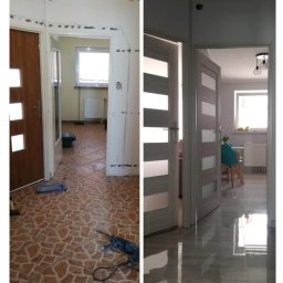 Jack-Bud Jacek Zimniak - Porównanie stanu przed i po: remont korytarza z położoną nową, błyszczącą, szarą podłogą z płytek i wymienionymi drzwiami z przeszkleniami, widoczne narzędzia i ślady prac na ścianach w części...