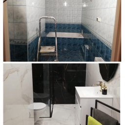 Jack-Bud Jacek Zimniak - Dwa ujęcia łazienki: górne w trakcie remontu z drabinką i częściowo położonymi jasnymi płytkami z niebieskim pasem, dolne po remoncie z białymi płytkami imitującymi marmur, czarną ścianą z złotymi...