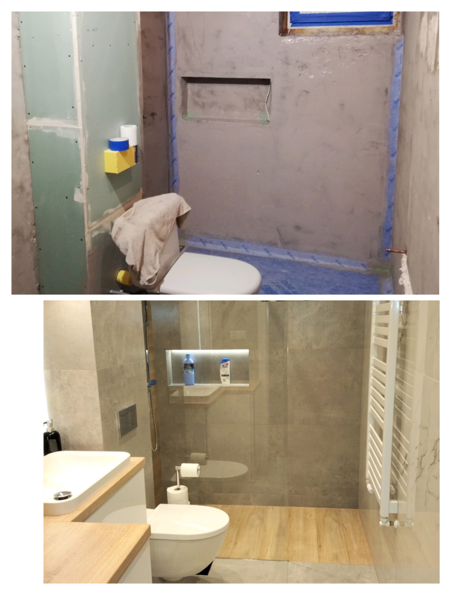 Dwa ujęcia tej samej łazienki: w górnej części widoczne ściany przygotowane do położenia glazury, zabezpieczone folią, z widoczną wnęką; w dolnej części łazienka po remoncie, z kabiną prysznicową...