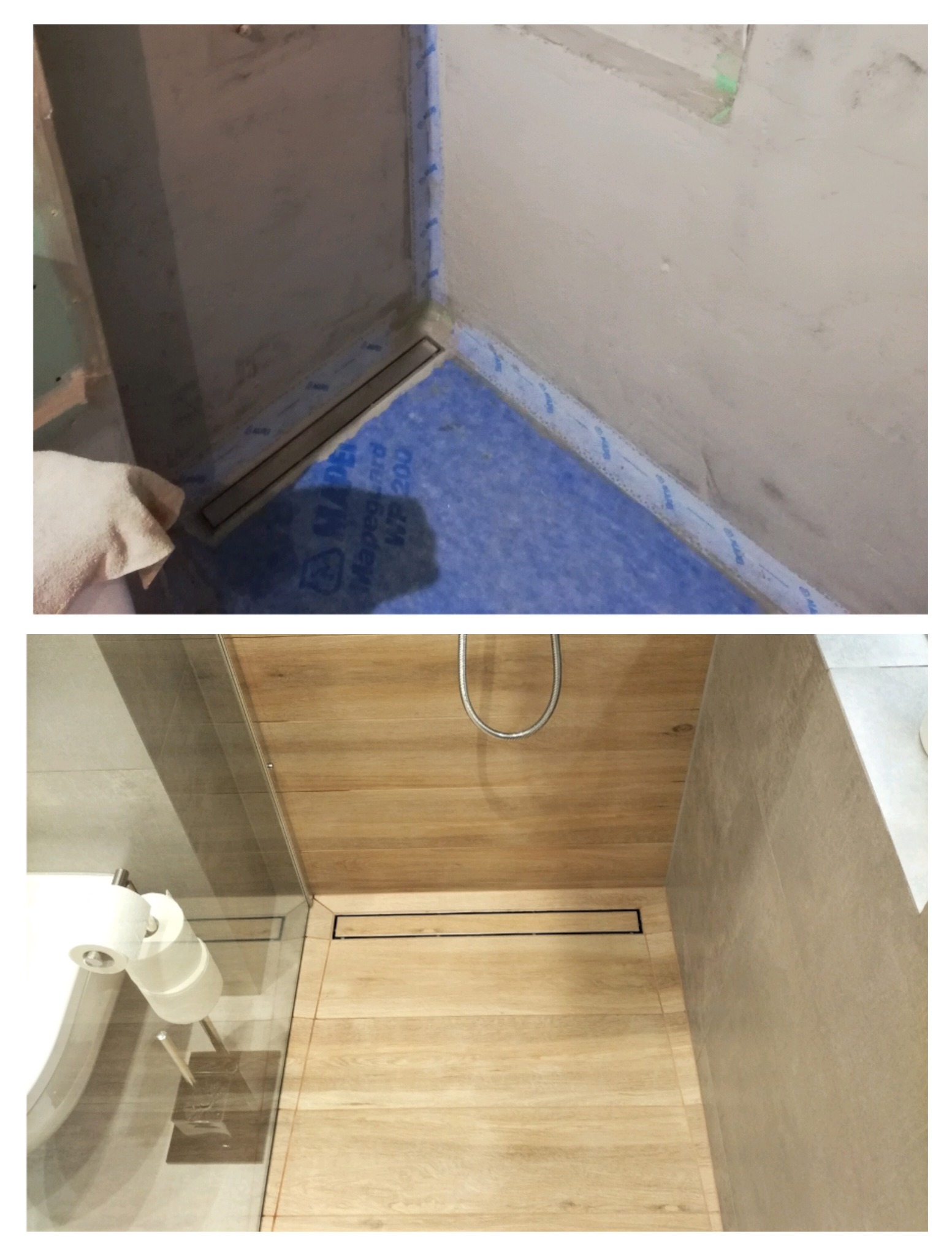 Dwa ujęcia: górne przedstawia przygotowany brodzik z odpływem liniowym, zabezpieczony folią w płynie; dolne ukazuje wykończony prysznic z odpływem liniowym i płytkami imitującymi drewno na podłodze.