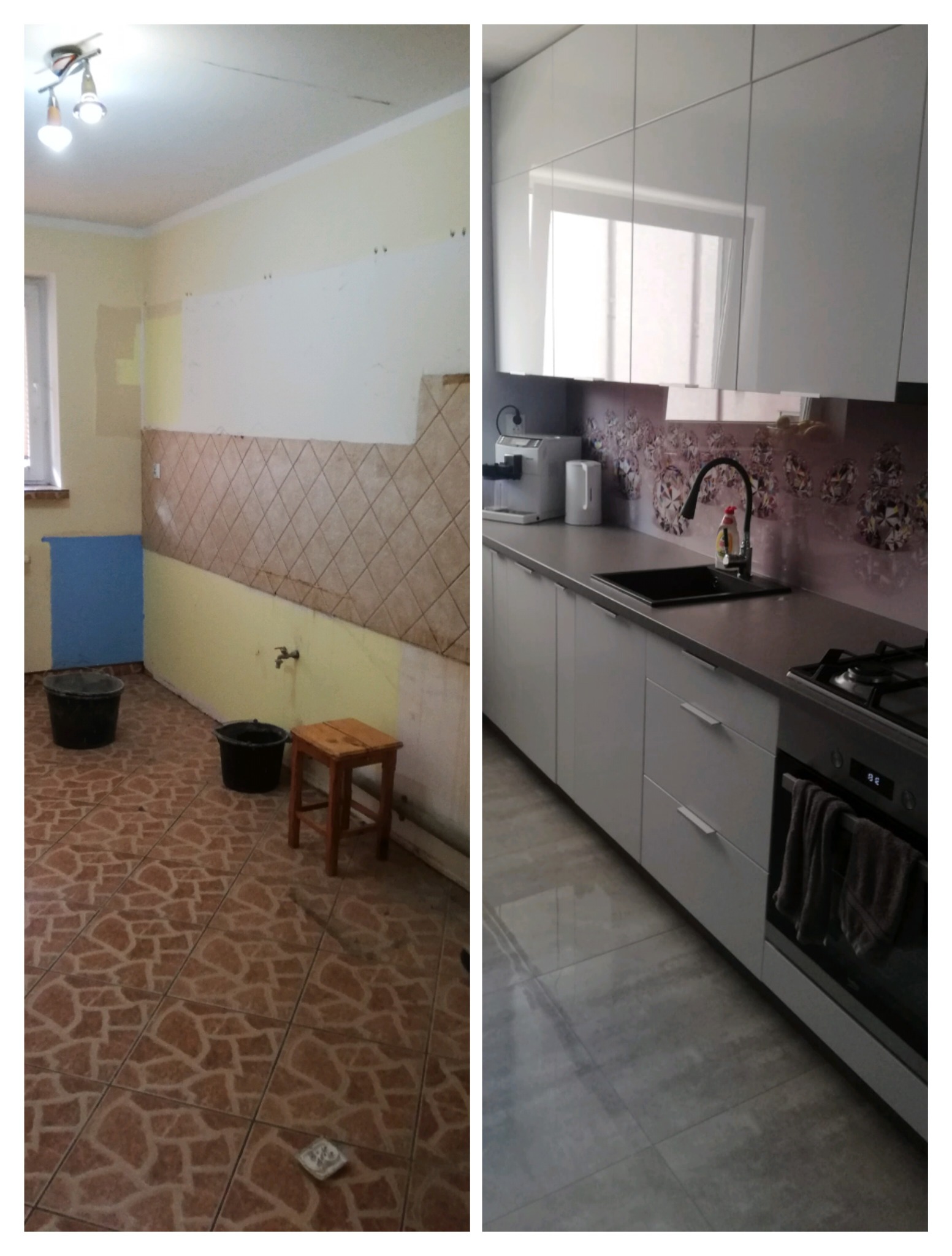 Zdjęcie typu 'przed i po' przedstawiające remont kuchni: po lewej stronie pomieszczenie przed remontem z częściowo zdjętymi płytkami, dwoma wiadrami i stołkiem; po prawej stronie odnowiona kuchnia...