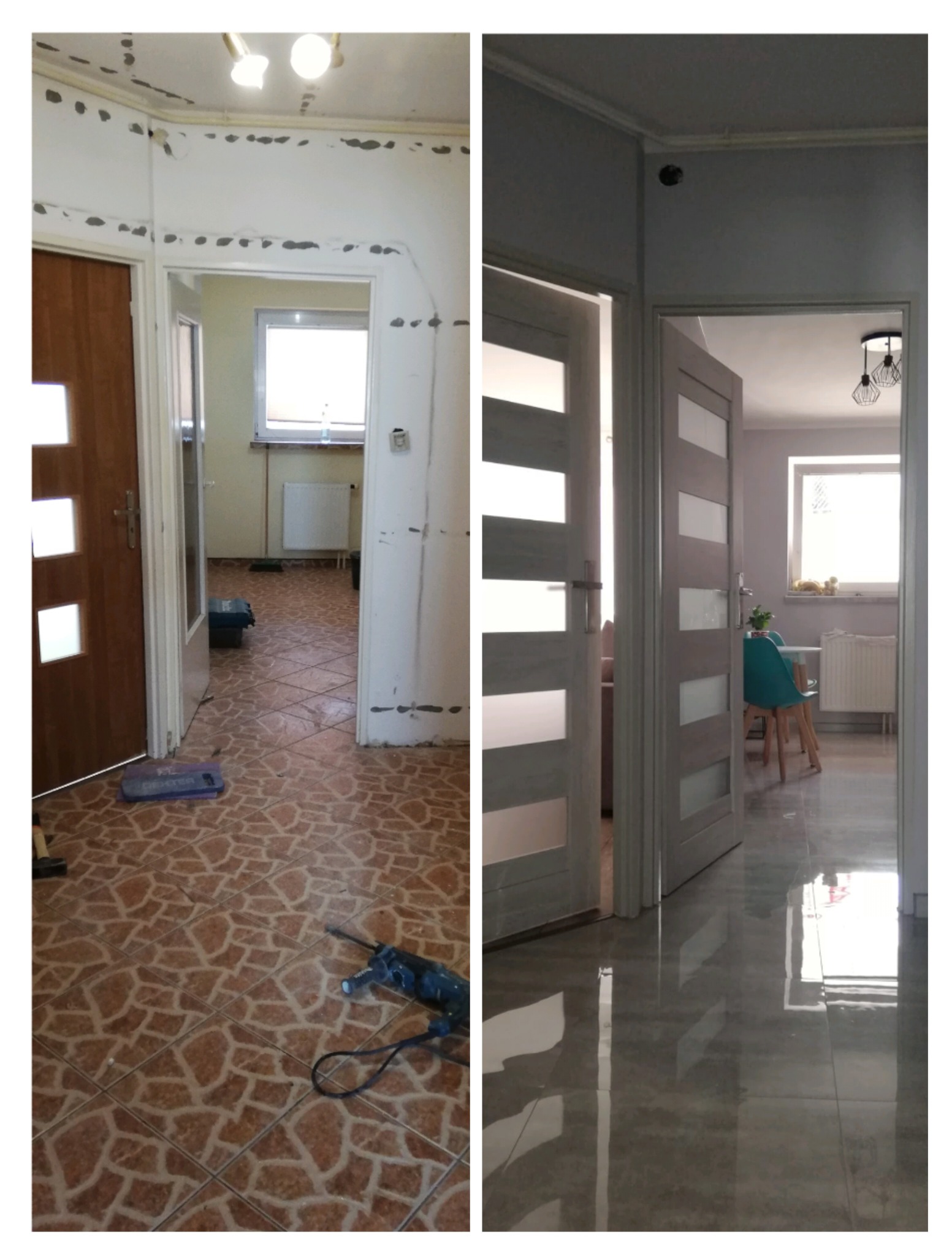 Porównanie stanu przed i po: remont korytarza z położoną nową, błyszczącą, szarą podłogą z płytek i wymienionymi drzwiami z przeszkleniami, widoczne narzędzia i ślady prac na ścianach w części...